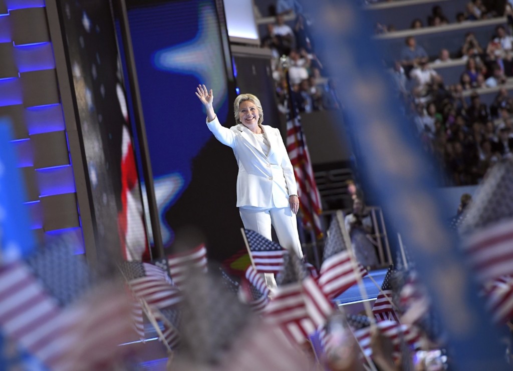 Hillary Clinton takes the stage during the final day of the Democratic National Convention in Philadelphia. AP Photo/Mark J. Terrill