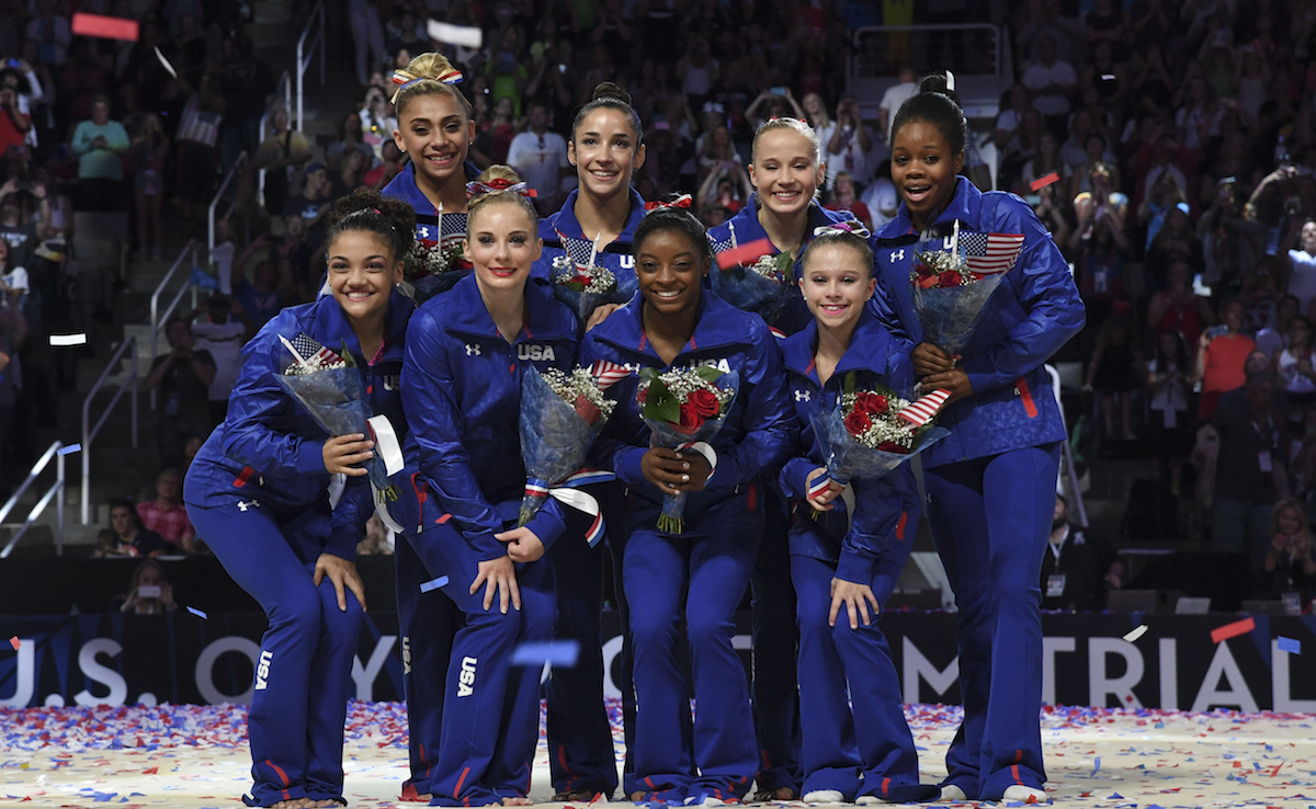 The 2016 U.S. Women's Olympic team pose for a photo after the women's gymnastics U.S. Olympic team trials at SAP Center. Kyle Terada-USA TODAY Sports
