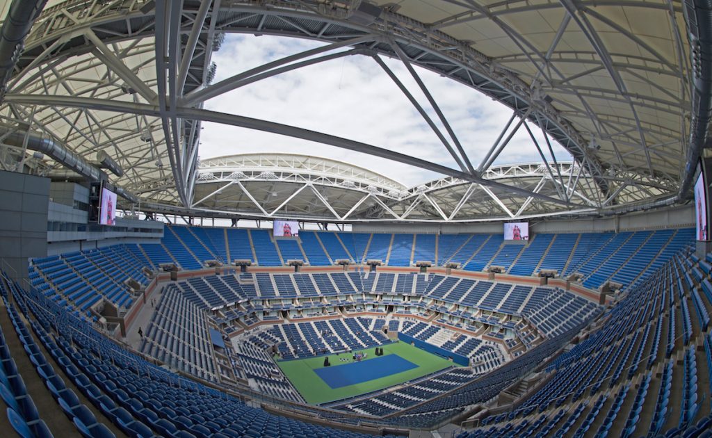 The retractable roof over Arthur Ashe Stadium in the open position at the USTA Billie Jean King National Tennis Center August 2, 2016 in New York. DON EMMERT/AFP/Getty Images