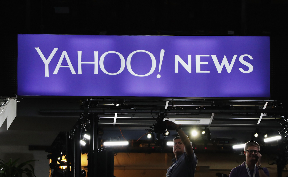 PHILADELPHIA, PA - JULY 25: A Yahoo! News sign is displayed prior to the start of the first day of the Democratic National Convention at the Wells Fargo Center, July 25, 2016 in Philadelphia, Pennsylvania. An estimated 50,000 people are expected in Philadelphia, including hundreds of protesters and members of the media. The four-day Democratic National Convention kicked off July 25. (Photo by Alex Wong/Getty Images)