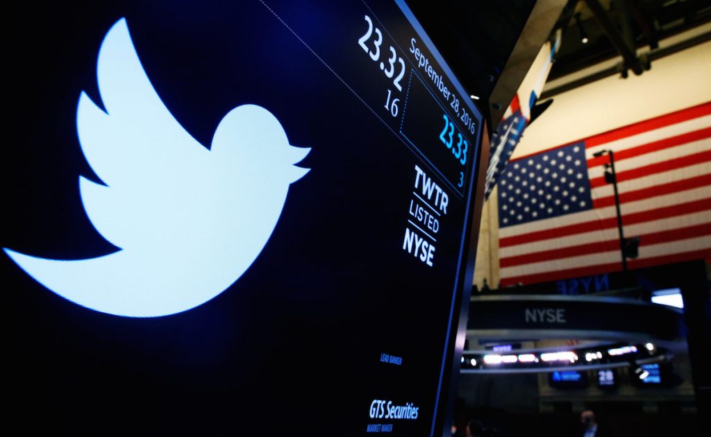 The Twitter logo is displayed on a screen on the floor of the New York Stock Exchange (NYSE) in New York City, U.S. on September 28, 2016. REUTERS/Brendan McDermid/File Photo