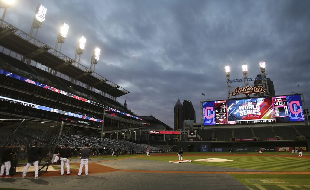 The Cleveland Indians' Progressive Field during a team practice for baseball's upcoming World Series against the Chicago Cubs, Sunday, Oct. 23, 2016, in Cleveland. AP Photo/Aaron Josefczyk