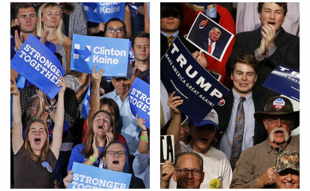 This combination of photos shows supporters of Democratic presidential candidate Hillary Clinton in Tempe, Ariz., on Wednesday, Nov. 2, 2016, and supporters of Republican presidential candidate Donald Trump in Baton Rouge, La., on Thursday, Feb. 11, 2016. AP Photo/Ross D. Franklin, Gerald Herbert