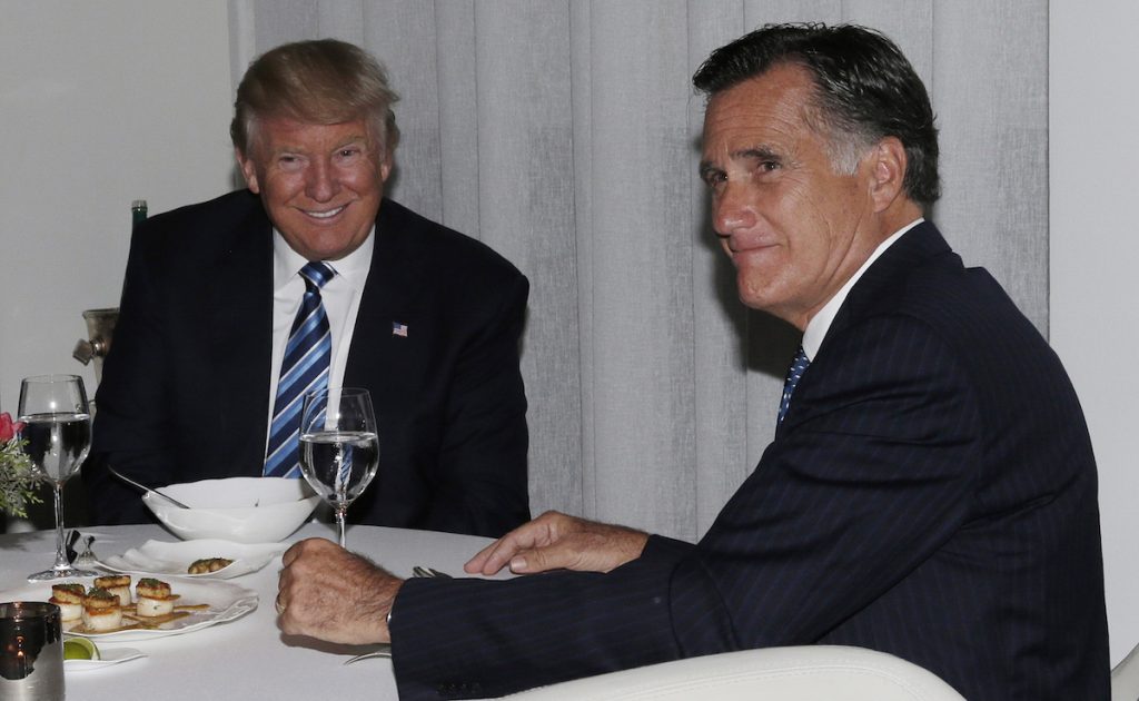 Donald Trump and Mitt Romney dine at Jean Georges Restaurant in New York, U.S., on Tuesday, Nov. 29, 2016. John Angelillo/Pool via Bloomberg
