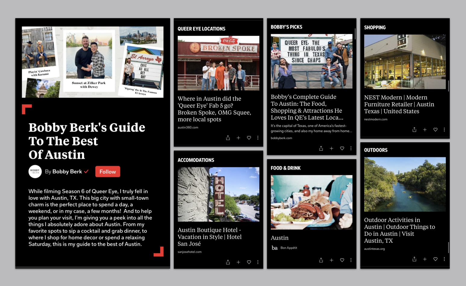 Screenshots of "Bobb Berk's Guide to the best of Austin," curated on Flipboard 