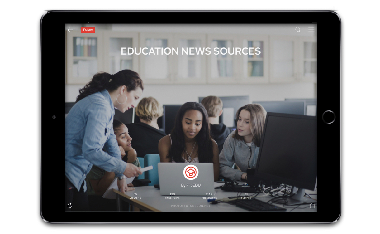 An iPad showing the cover of a Flipboard magazine about education news sources