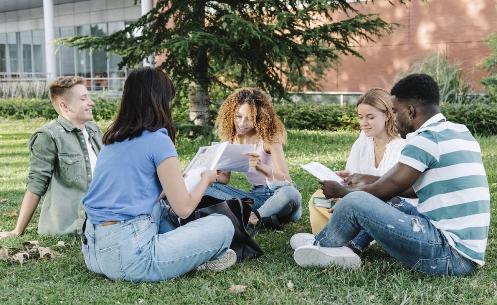 Group of young diverse men and women in casual clothes reading papers while sitting on lawn outside university building and doing homework together