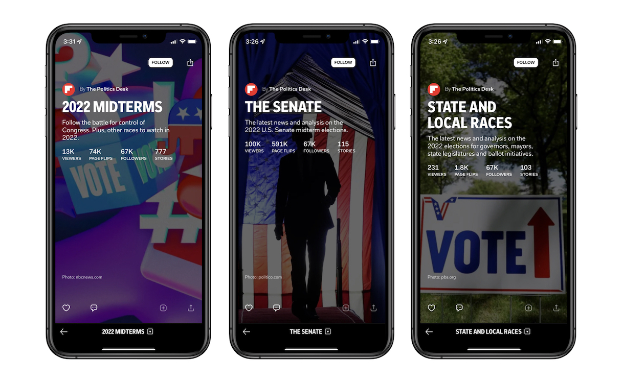 Three iPhone screens showing three Flipboard Magazine covers related to the 2022 midterm elections