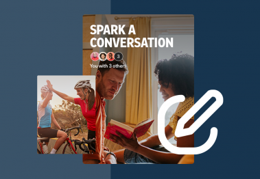 Cover of a Flipboard Group Magazine titled "Spark a conversation" with a larger version of the new "create icon" overlaid.