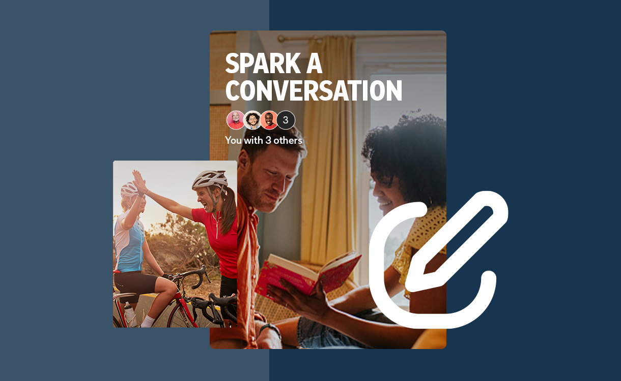 Cover of a Flipboard Group Magazine titled "Spark a conversation" with a larger version of the new "create icon" overlaid.  