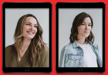 Headshots of Callie Christensen and Kelly Oriard in iPad frames against a red background