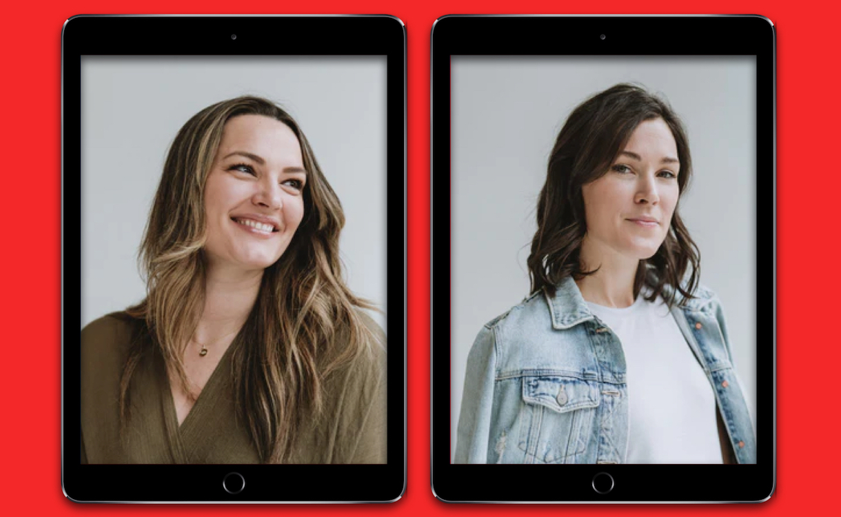 Headshots of Callie Christensen and Kelly Oriard in iPad frames against a red background