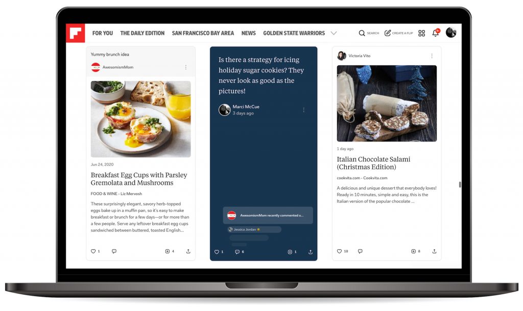 A laptop showing inside a Flipboard Magazine, with two stories and a note.