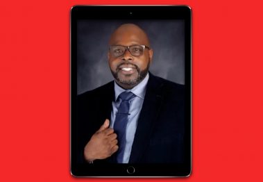 Headshot of Kendrick Thomas inside a iPad frame against a red background