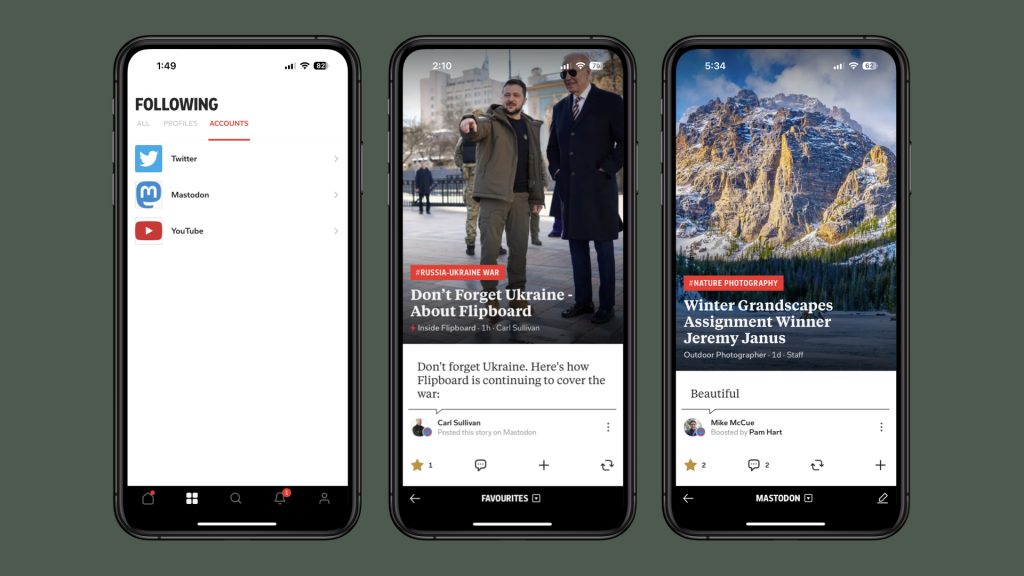 3 screenshots that show Mastodon inside of Flipboard for iPhone looks like, including a login screen and two articles that were shared on Mastodon