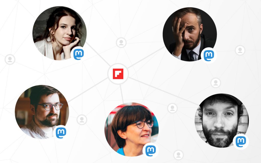 5 Fediverse Profiles with the Flipboard logo in the center